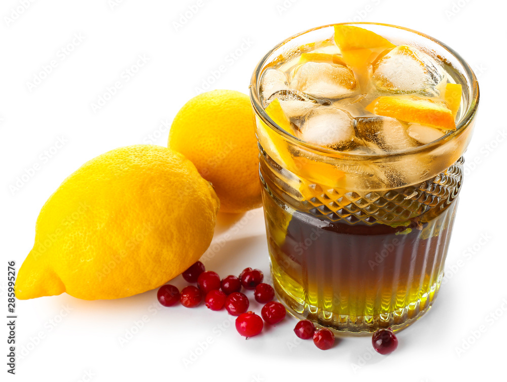 Glass of tasty summer cocktail on white background