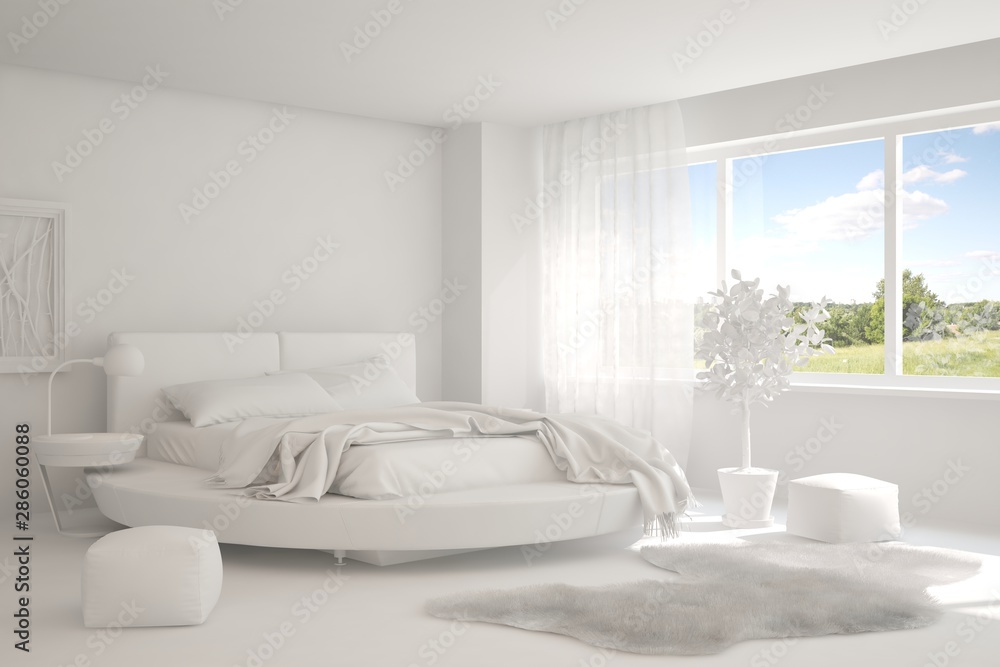 Modern bedroom in white color. Scandinavian interior design. 3D illustration