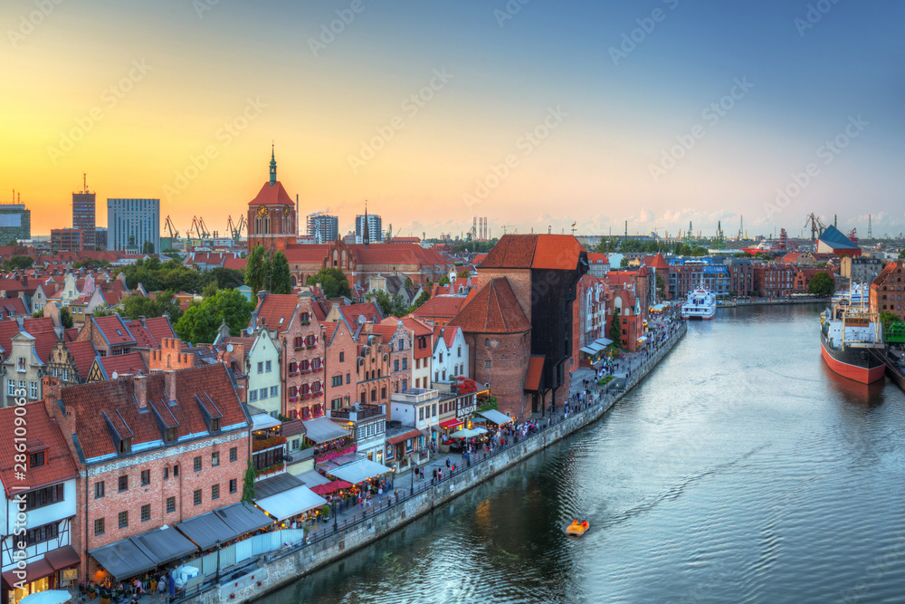 Beautiful architecture of the old town in Gdansk at sunset, Poland.