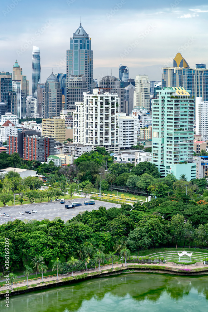 Cityscape, many modern building of midtown, lake in park is foreground