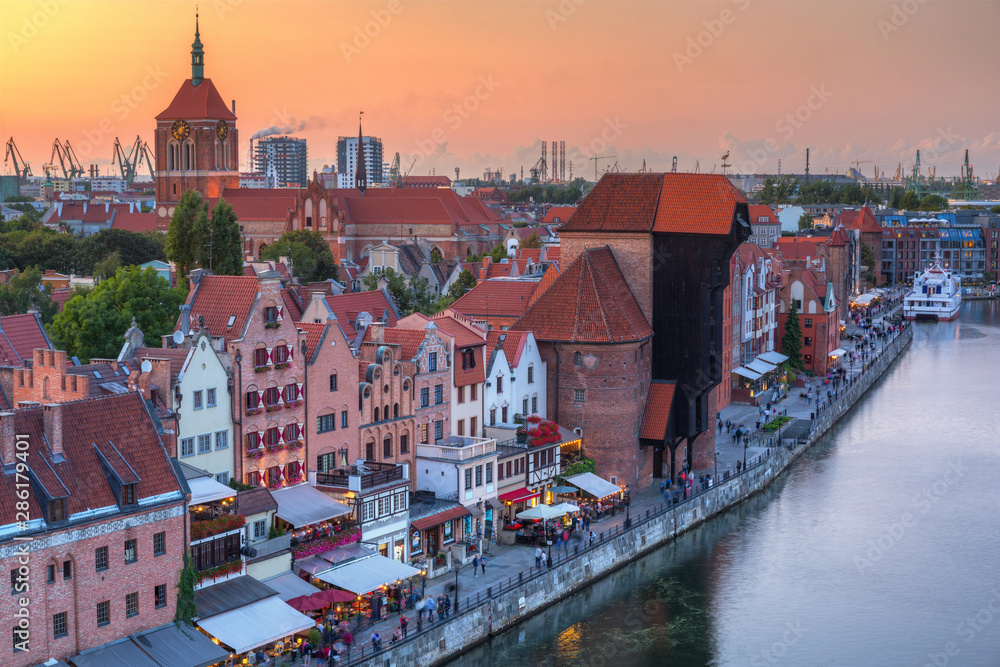 Beautiful architecture of the old town in Gdansk at sunset, Poland.