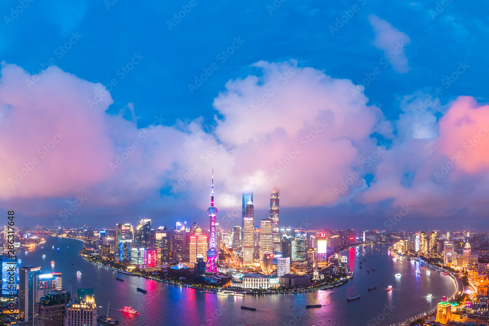 Aerial panoramic view of Shanghai skyline at night,China.