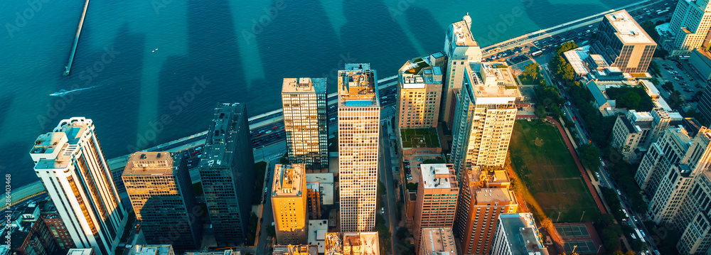 Chicago cityscape with a view of Lake Michigan from above