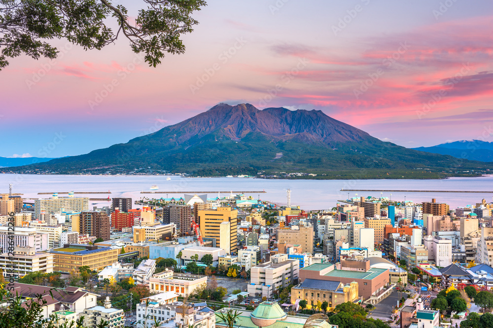 Kagoshima, Japan skyline with Sakurajima Volcano