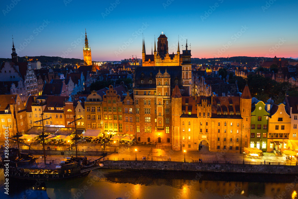 Beautiful architecture of the old town in Gdansk at dusk, Poland.