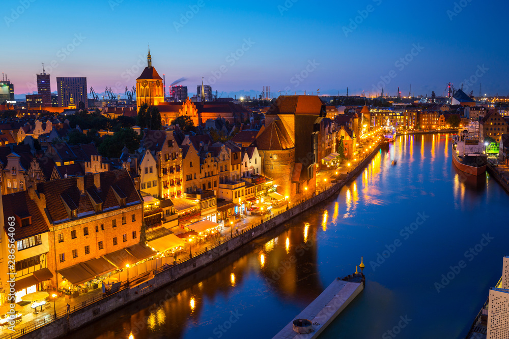 Beautiful architecture of the old town in Gdansk at dusk, Poland.