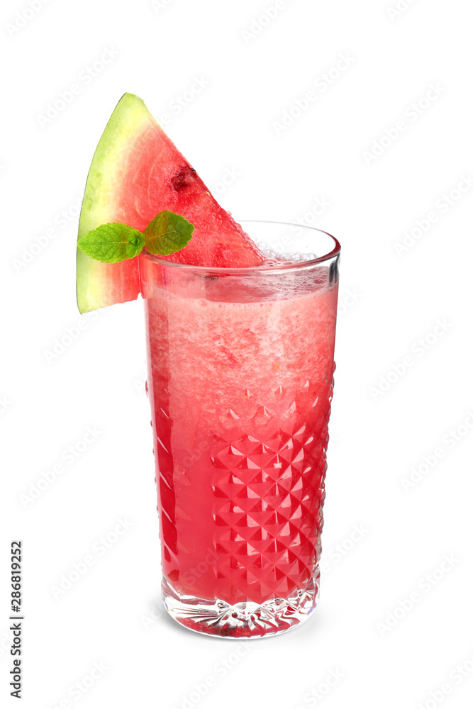 Glass of fresh watermelon juice on white background