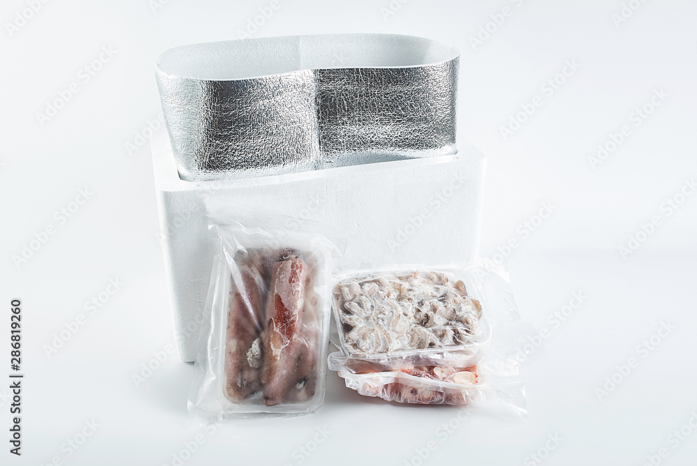 Fresh seafood food in aluminum foil bags