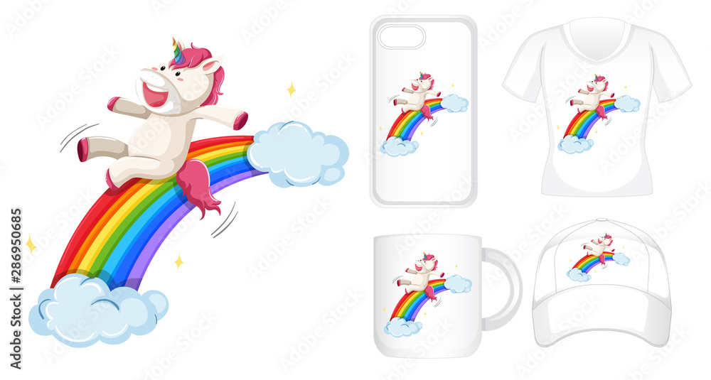 Graphic design on different products with unicorn on rainbow