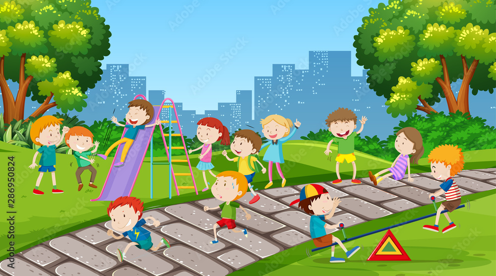 Active kids playing in outdoor scene