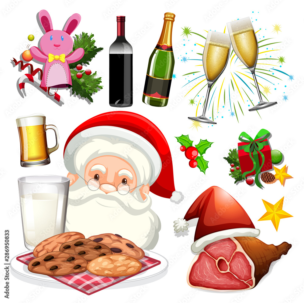 Santa and christmas food on white background