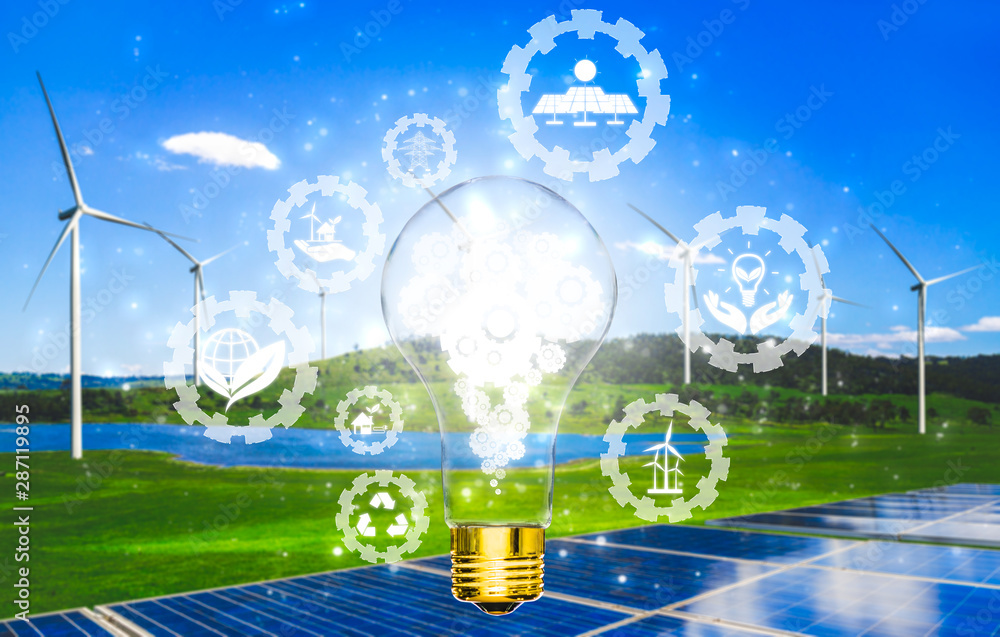 Green energy innovation light bulb with future industry of power generation icon graphic interface. 