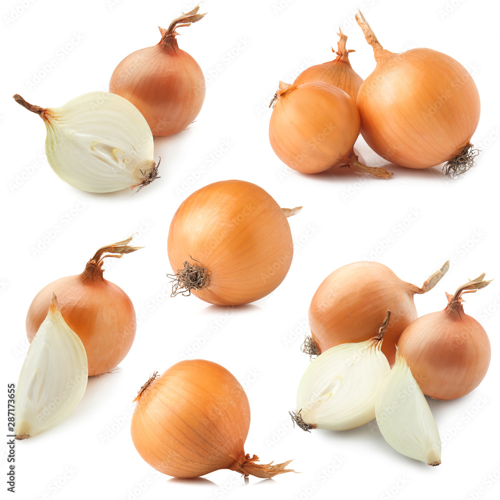 Set with raw onion on white background