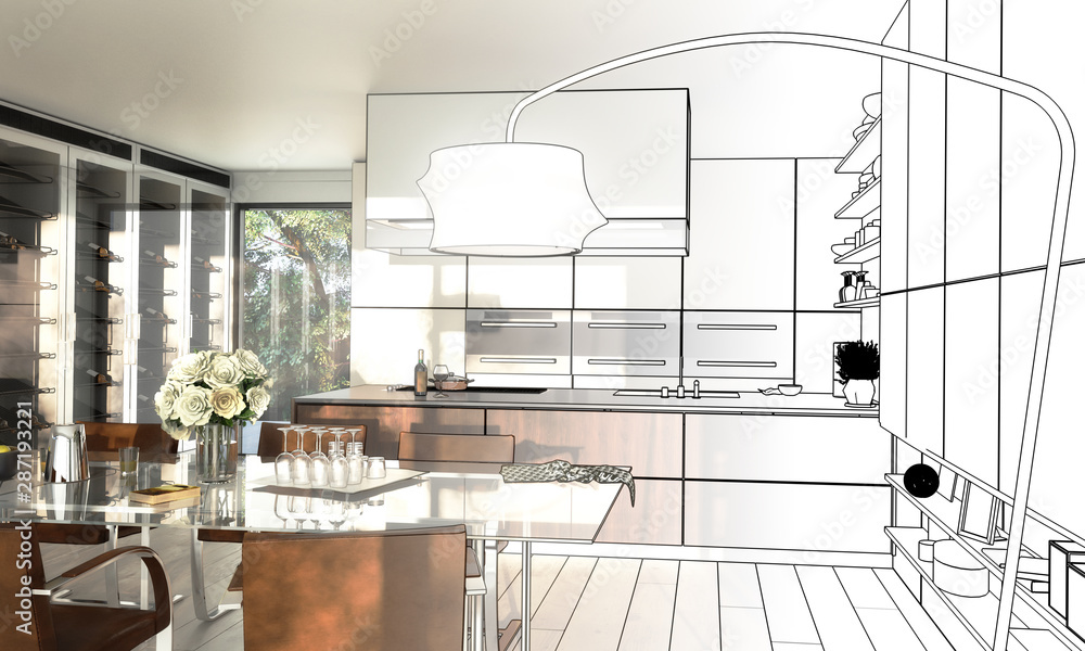 Modern Kitchen Loft (drawing) - 3d illustration