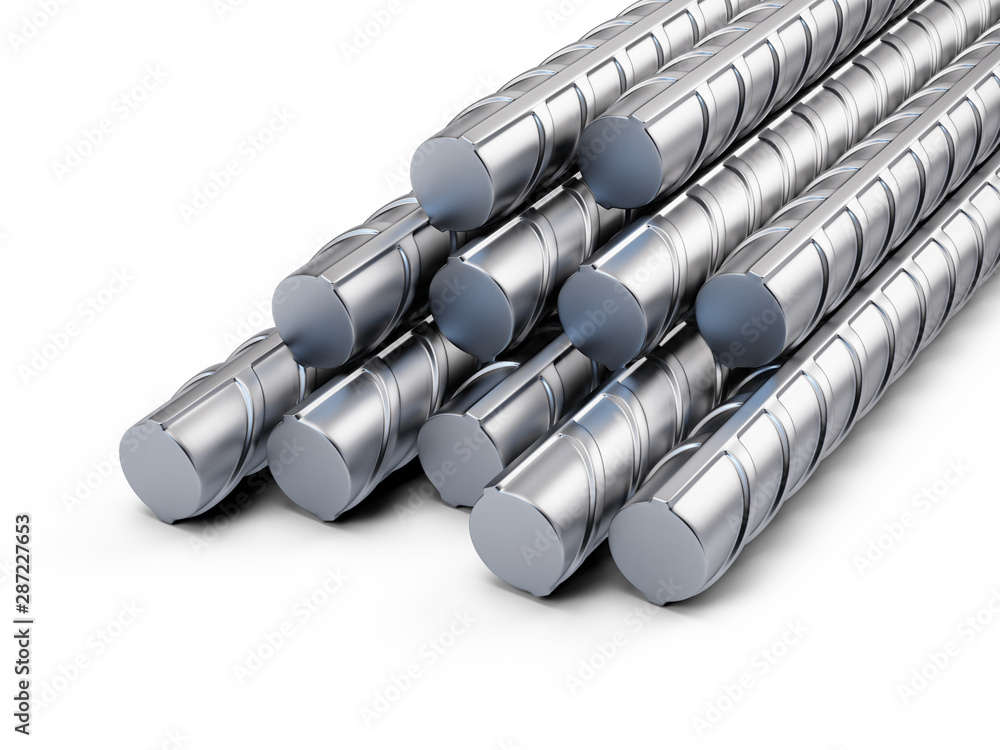 Stack of metal building armature - reinforcing steel bars isolated on white. 3d rendering