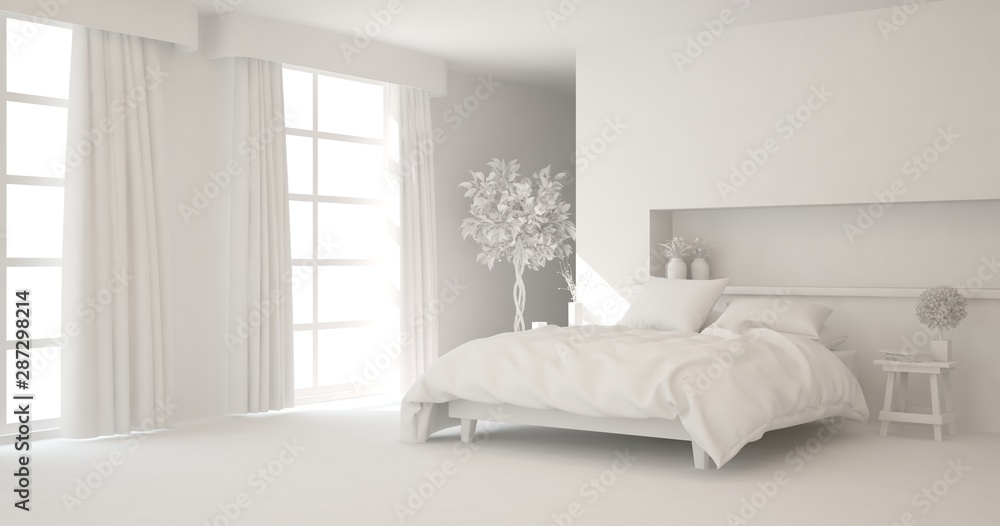 Modern bedroom in white color. Scandinavian interior design. 3D illustration