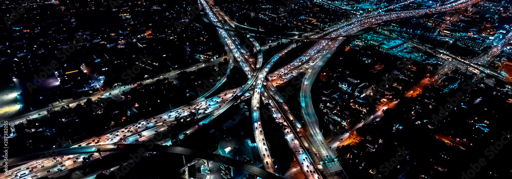 Aerial view of a massive highway in Los Angeles, CA at night