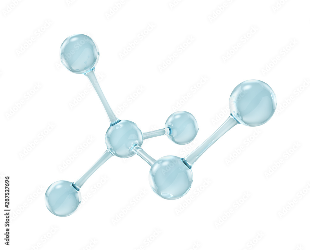 玻璃分子。白色背景上分离的反射和折射抽象分子形状。3d