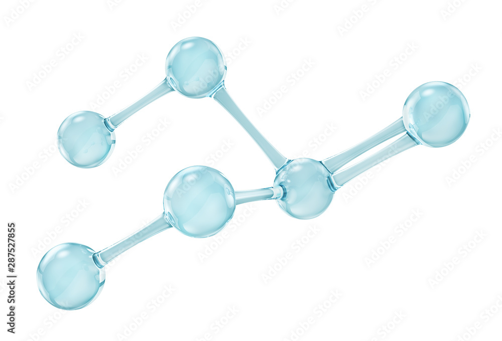 玻璃分子。反射和折射抽象分子形状，在白色背景上隔离。3d