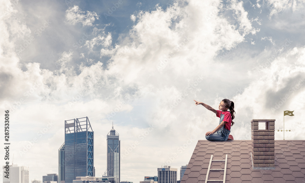 Concept of careless happy childhood with girl showing touch gesture