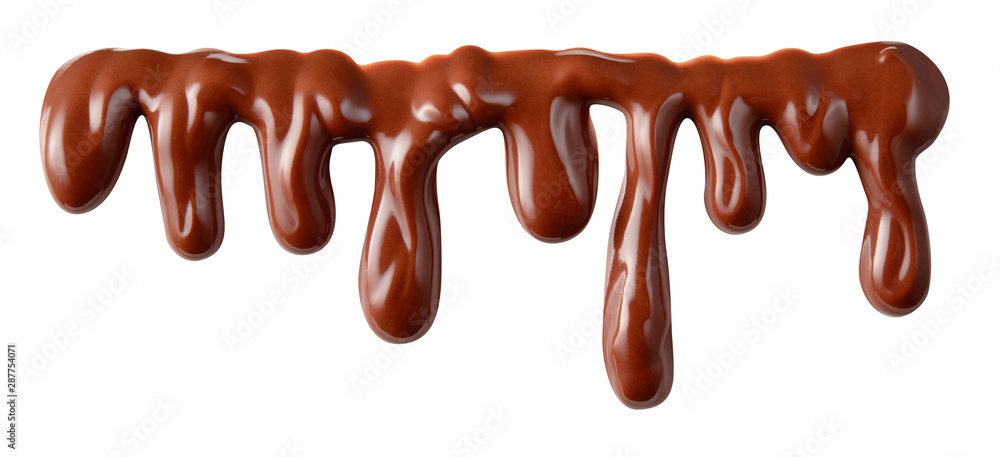 Melted chocolate syrup is dripping. Chocolate streams with drops isolated on white. With clipping pa