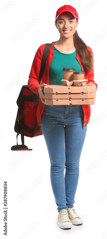 Female worker of food delivery service on white background