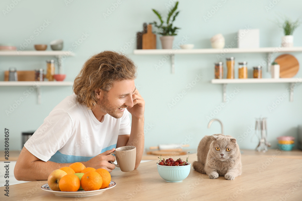 一名男子与一只可爱有趣的猫坐在餐桌旁打电话