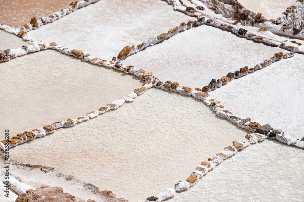 Maras salt mine field detail, Urubamba, Cusco, Peru, South America