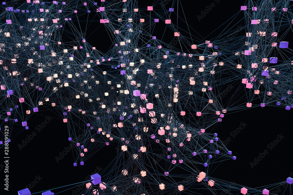 Glowing nodes with variational lines, 3d rendering