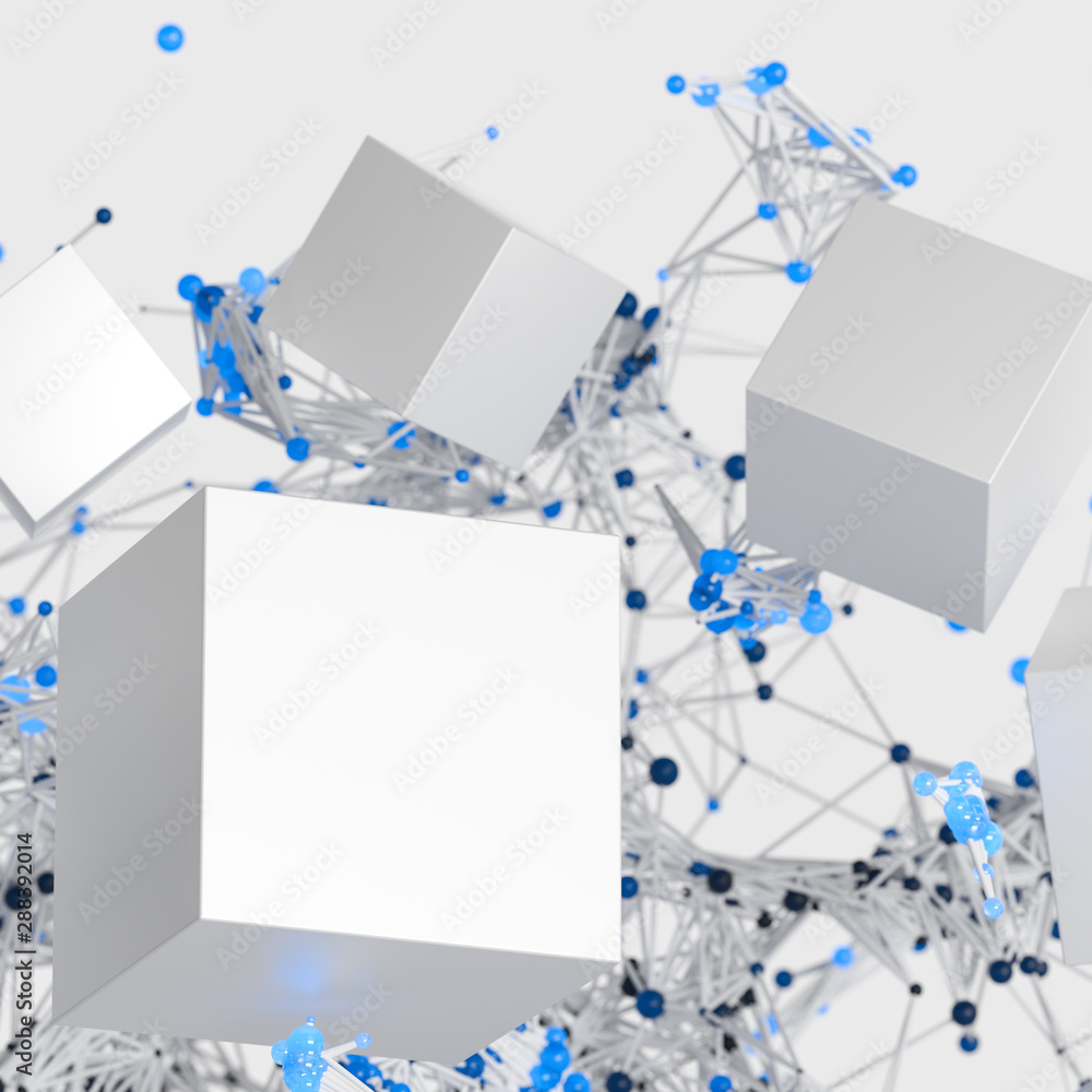 Glowing nodes with white cubes, 3d rendering