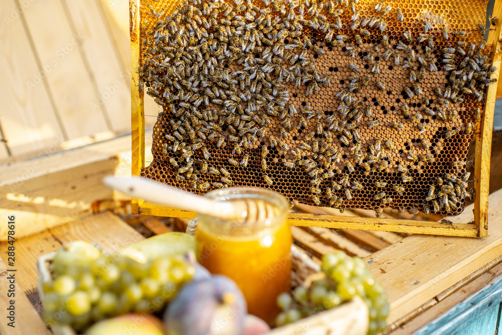 Composition of sweet fruits and jar with honey on the beehive with honeycomb on the background