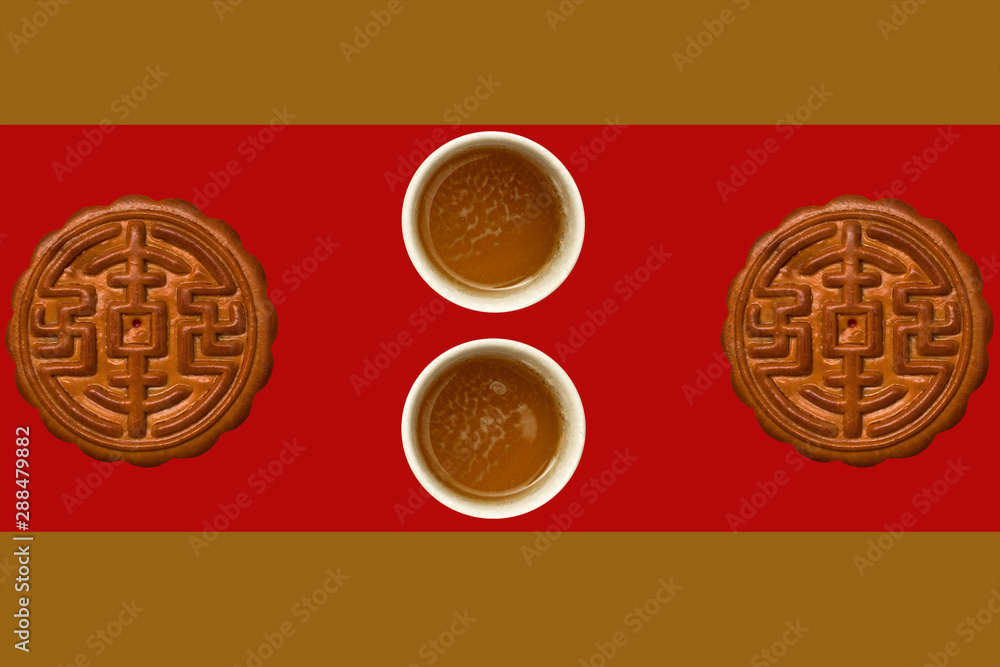 Moon cake and tea on red and gold background