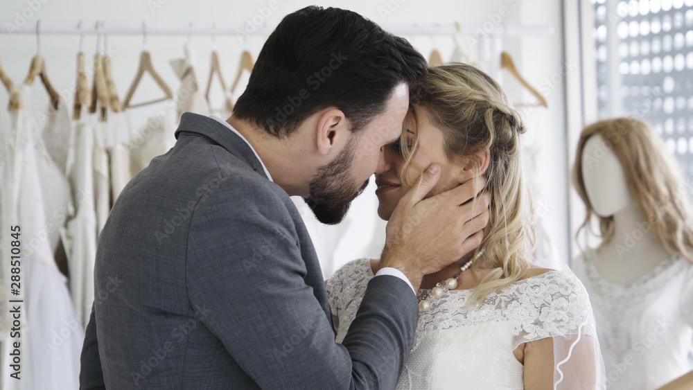 Happy bride and groom in wedding dress prepare for married in wedding ceremony. Romantic love of man