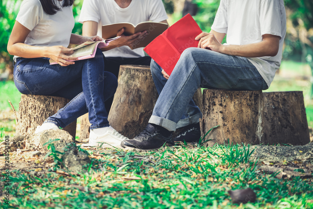 Team of young students studying in a group project in the park of university or school. Happy learni