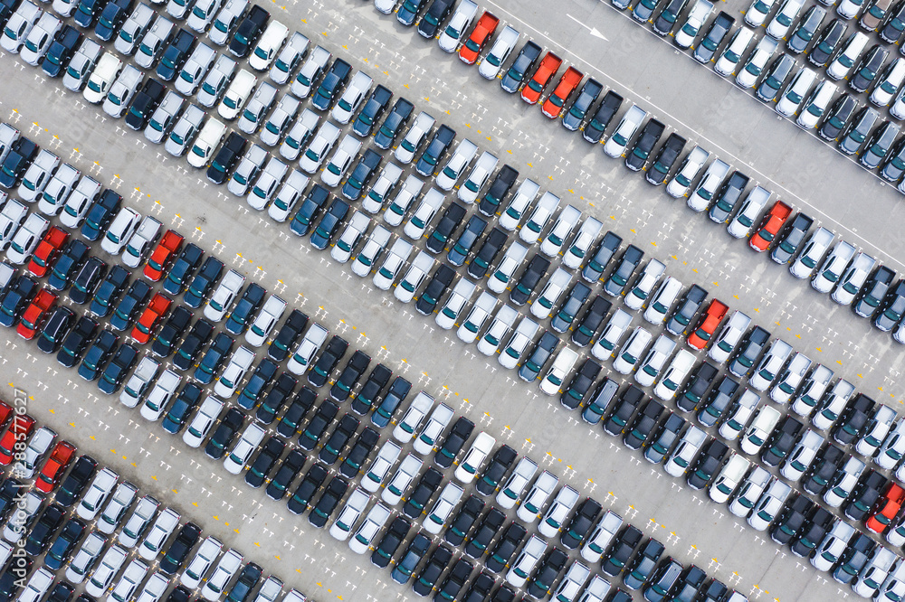 Top view of cars in logistics export and import area 