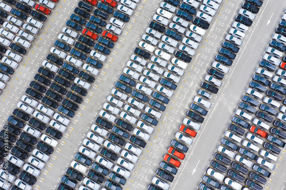 Top view of cars in logistics export and import area 