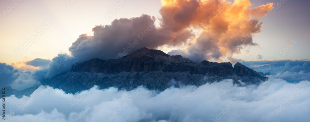 Aerial view of massive rock of Dolomites mountain