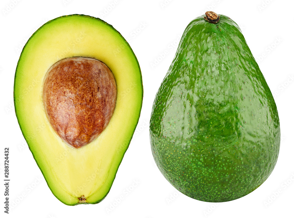 Avocado collection isolated on white. Avocado half Clipping Path. Avocado studio macro shooting