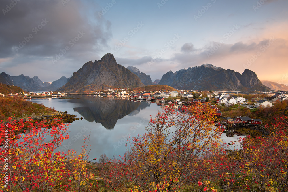 Beautiful landscape from Reine fishing village in autumn season, Lofoten islands, Norway