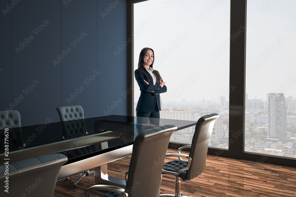 Business woman in modern conference room with black walls and wooden floor at city view background.