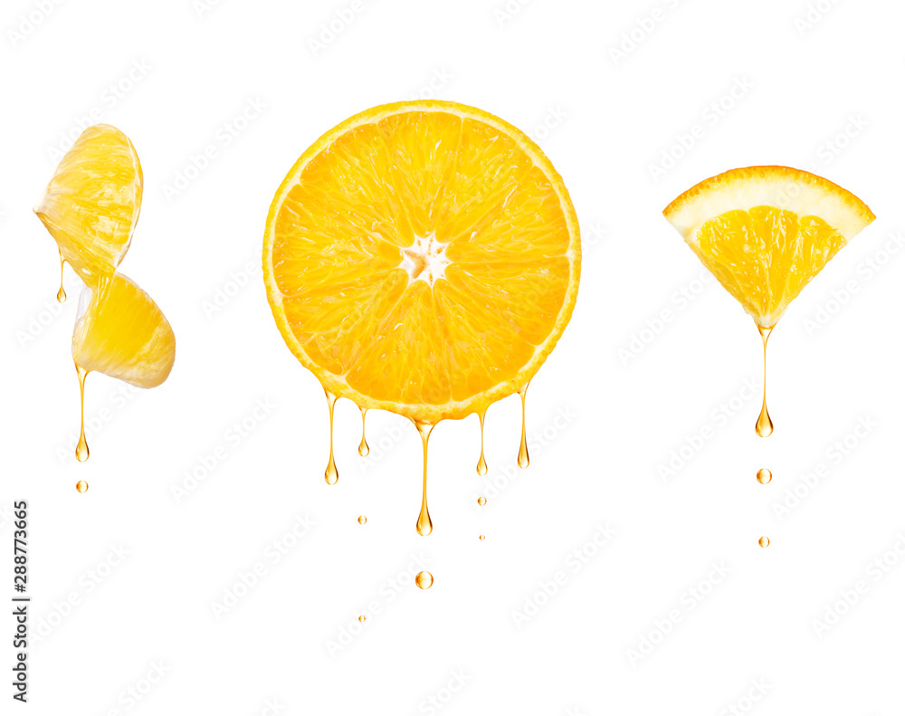 Drops of juice drip from cut pieces of orange, isolated on white background