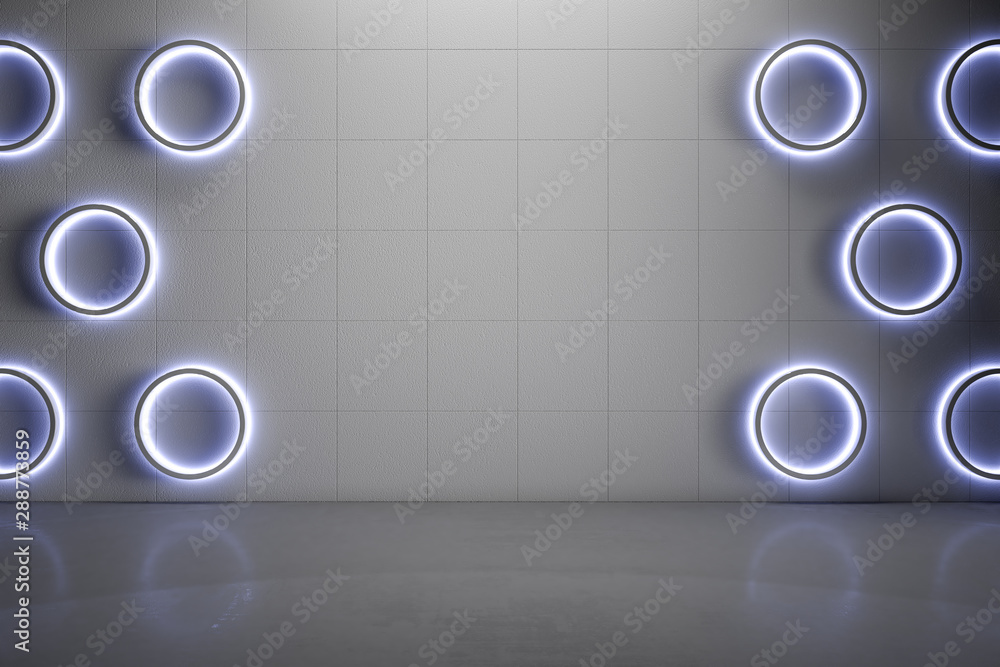 Blank copyspace grey wall with modern circle blue lights and gloss concrete floor, mock up.