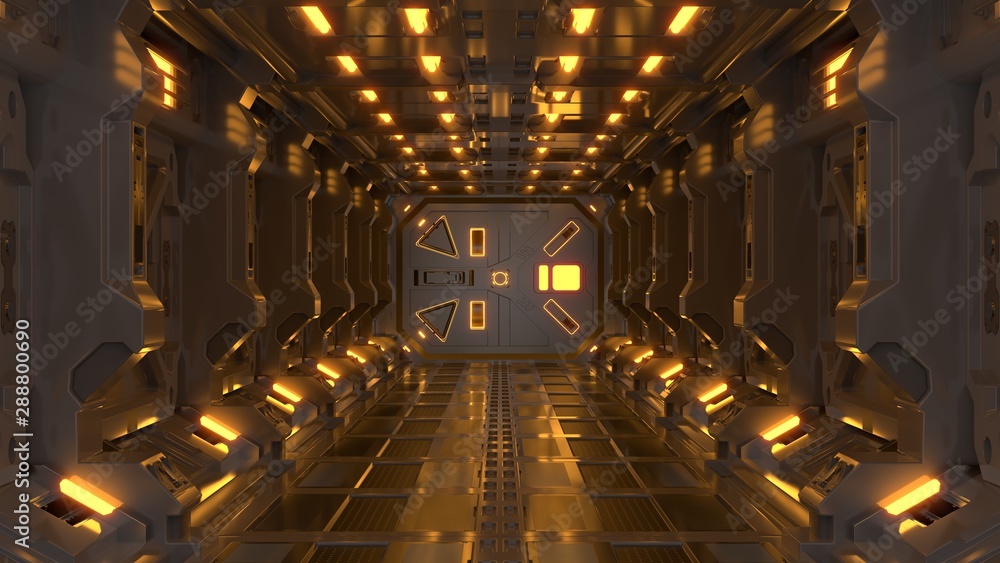 Science background fiction interior rendering sci-fi spaceship corridors Yellow light.