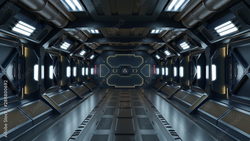 Science background fiction interior rendering sci-fi spaceship corridors Yellow light.