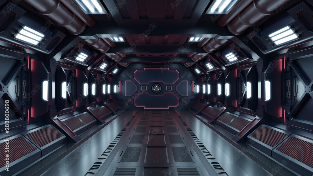 Science background fiction interior rendering sci-fi spaceship corridors red light.