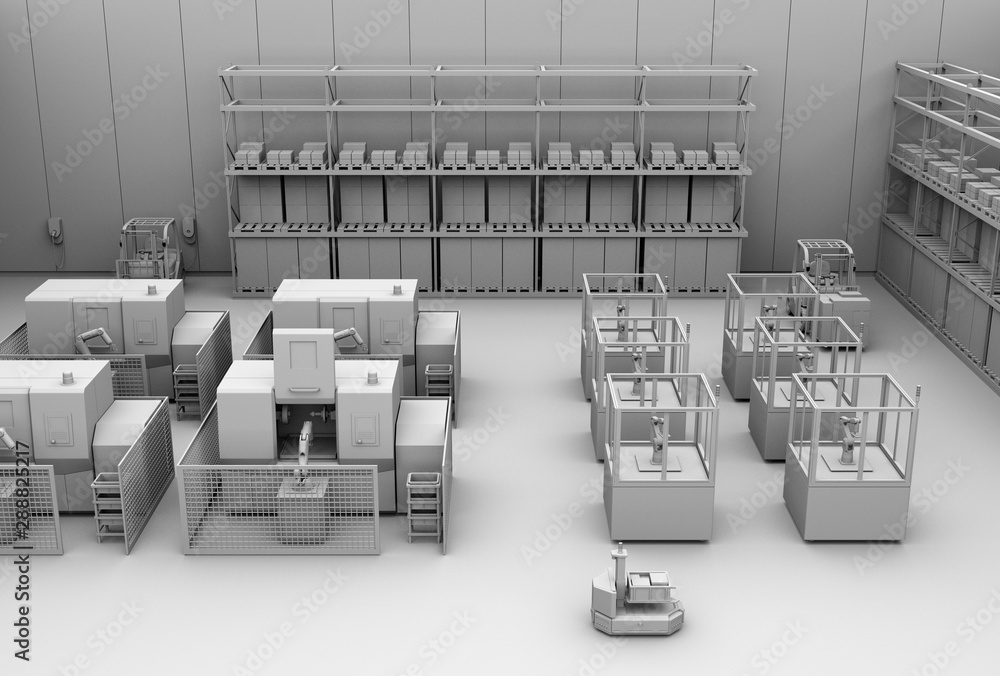 Clay rendering of dual-arm robot assembly motor coils in cell-production space. AGV, CNC machines at