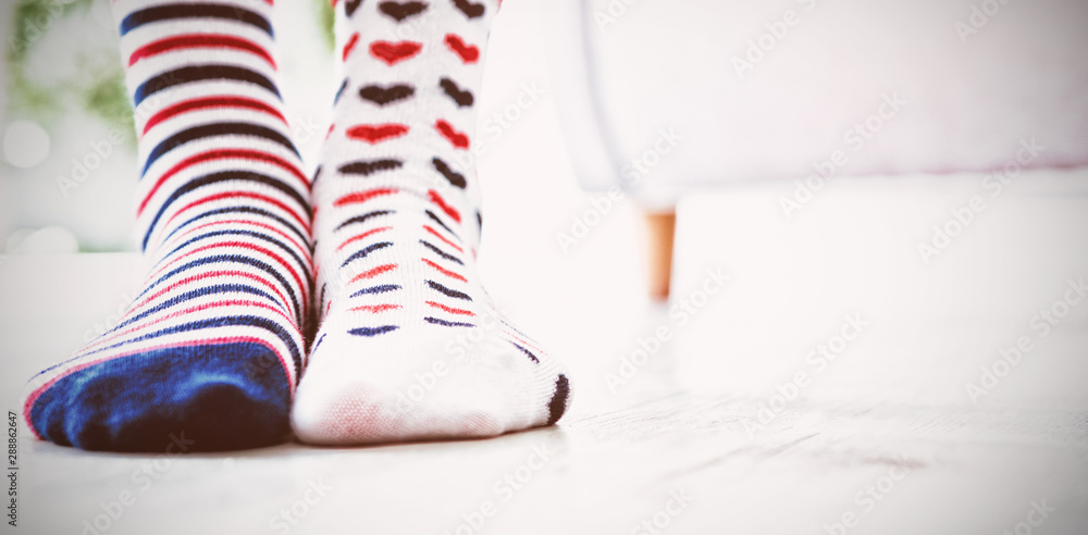 Low section of girl wearing patterned socks