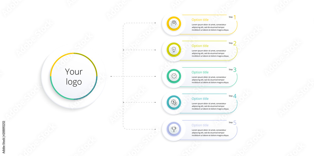 具有5个步骤选项的业务流程图信息图。方形企业工作流图形元素。