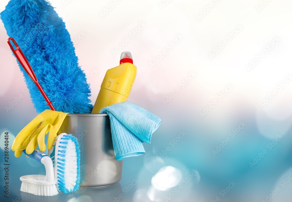 Cleaning Products and Supplies in Bucket - Isolated