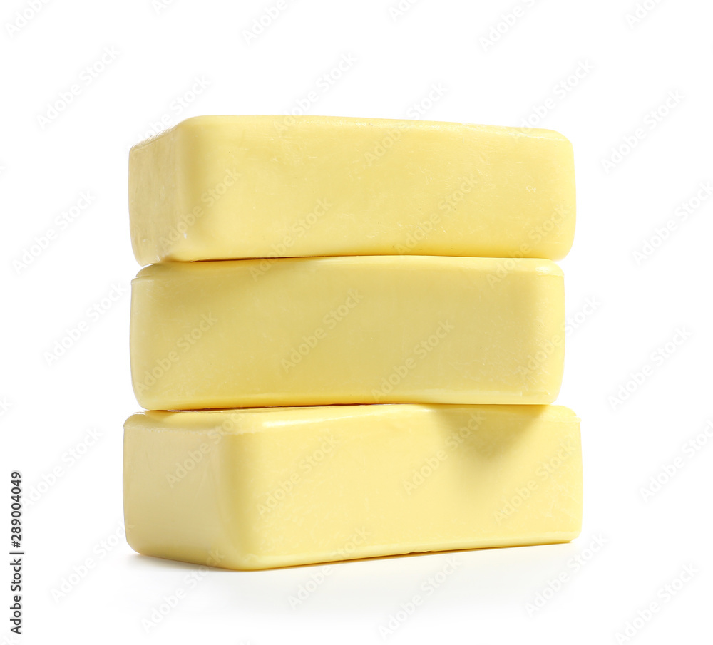 Stack of soap bars on white background